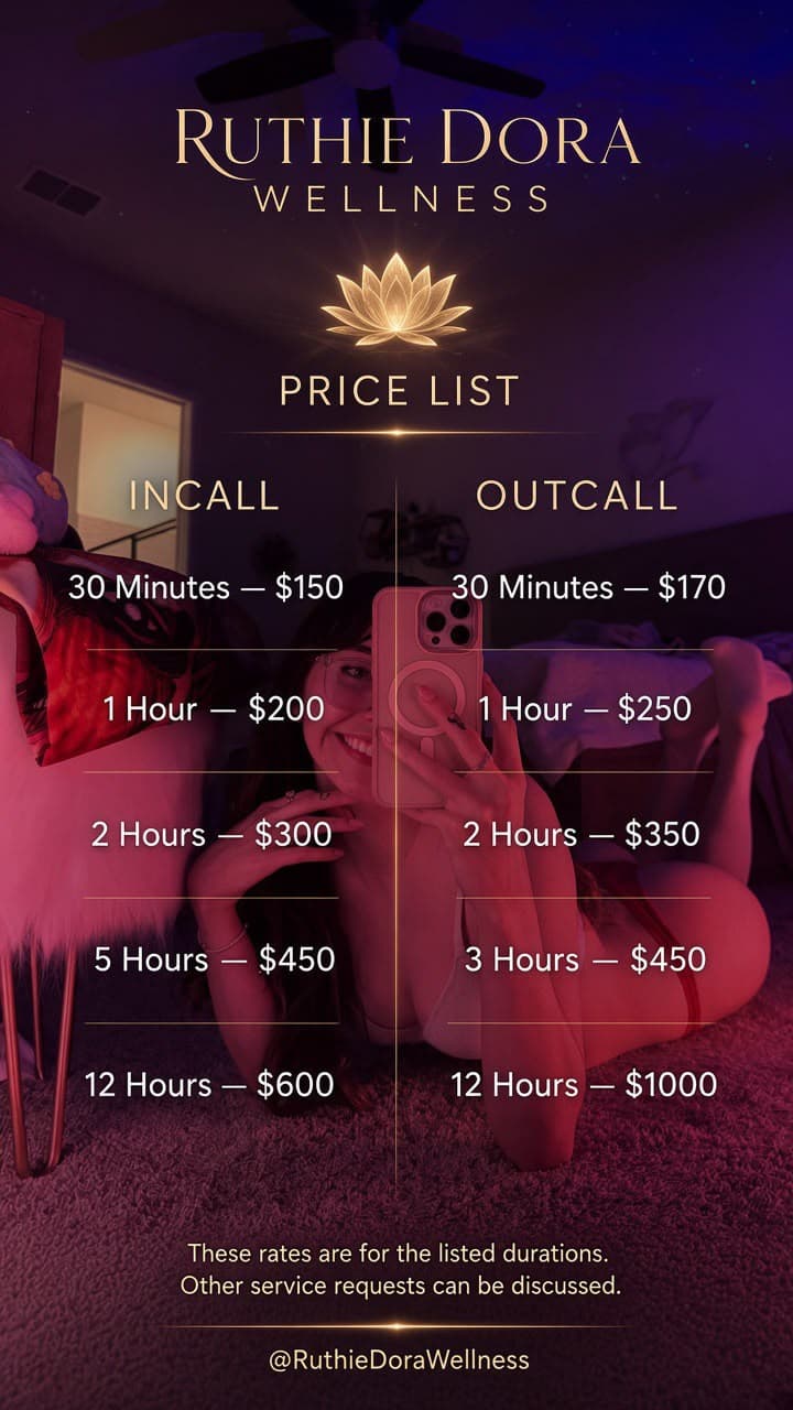 Ruthie Dora Wellness price list showing incall and outcall rates and durations